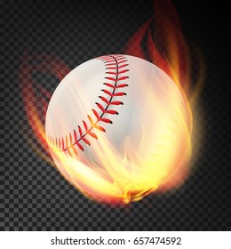 Flaming Realistic Baseball Ball On Fire Flying Through The Air. Burning Ball On Transparent Background