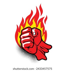 Flaming red fiery fist. Clenched fist in burning fire. Vector on transparent backgriund