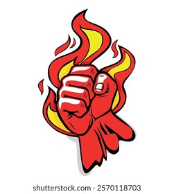 Flaming red fiery fist. Clenched fist in burning fire. Cartoon vector on transparent background