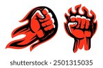 Flaming red fiery fist emblem vector illustration. Clenched fist in burning fire badge or logo. Symbol strength, power