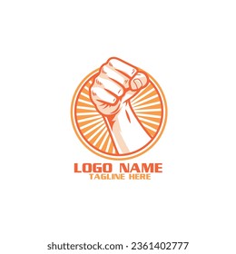 Flaming red fiery fist emblem. Clenched fist in burning fire badge or logo. Symbol strength, power vector illustration