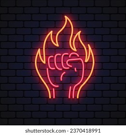 Flaming red fiery fist emblem Neon Sign. Symbol strength, power vector illustration