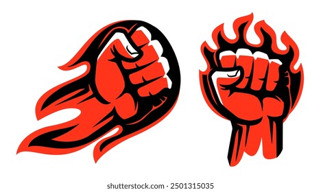 Flaming red fiery fist emblem vector illustration. Clenched fist in burning fire badge or logo. Symbol strength, power