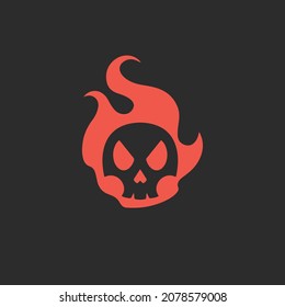 Flaming Red Skull Symbol Logo on Black Background. Tribal Decal Stencil Tattoo Design. Flat Vector Illustration.