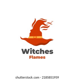 Flaming red witch hat illustration logo