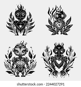 Flaming robot on White Background. Tribal Stencil Tattoo Design Concept. Flat Vector Illustration.