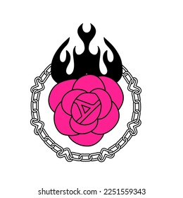 Flaming rose tattoo in y2k, 1990s, 2000s style. Emo goth element design with heart chain link. Old school tattoo. Vector simple flat illustration