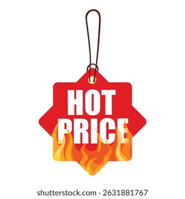 Flaming sale tag and hot offer sticker with fire frame. Advertising template for special promotions, discounts, and shopping deals. Price label with flame design. Isolated on white. 