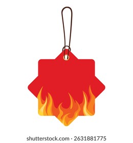 Flaming sale tag and hot offer sticker with fire frame. Advertising template for special promotions, discounts, and shopping deals. Price label with flame design. Isolated on white. 