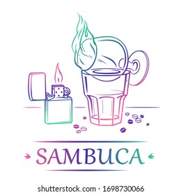 Flaming Sambuca with cigarette lighter and coffee beans