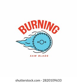 Flaming saw blade abstract line art logo design. Fast Spinning circular saw blade on fire symbol logo icon