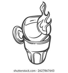 Verre à liqueur flambant en forme de gribouillis, avec feu visible et couvercle ouvert. Boisson alcoolisée dessinée à la main. Illustration vectorielle pour menu de fête ou décoration de bar.