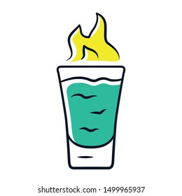 Flaming shot green color icon. Glass with beverage and burning fire. Drink with flammable high-proof alcohol. Absinthe. Isolated vector illustration
