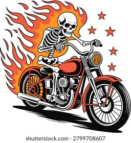 Flaming Skeleton Biker Riding Motorcycle Vintage Tattoo Style Illustration