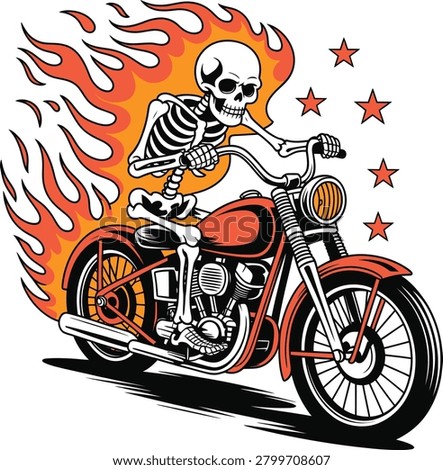 Flaming Skeleton Biker Riding Motorcycle Vintage Tattoo Style Illustration