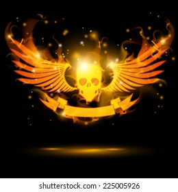 flaming skull with banner and fire wings