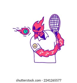 Flaming skull character playing padel sport doodle art, illustration for t-shirt, sticker, or apparel merchandise. With modern pop style.