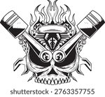 Flaming Skull with Crossed Pistons suitable for motorbike club tee shirt