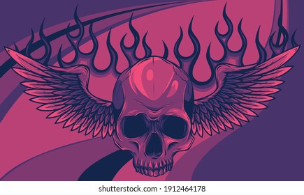 Flaming Skull with Fire Wings. Illustration on colored background