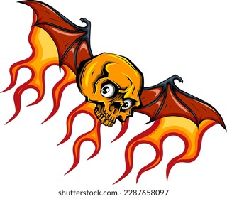 Flaming Skull with Fire Wings. vector Illustration design on white background. digital hand draw