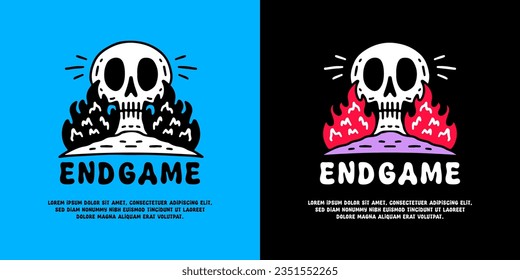Flaming skull head with endgame typography, illustration for logo, t-shirt, sticker, or apparel merchandise. With doodle, retro, groovy, and cartoon style.