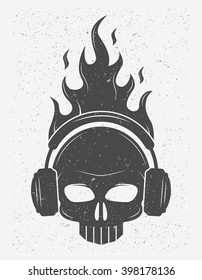 Flaming skull in headphones