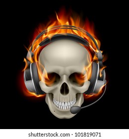 Flaming Skull with headphones. Illustration on black background