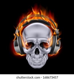 Flaming skull in headphones on black background.