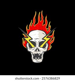 Flaming skull with lightning eyes, vibrant design for edgy artwork, tattoo concepts, rock themes, or fire inspired vector illustrations