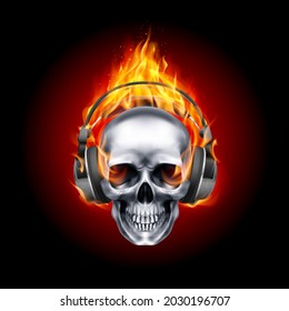 Flaming Skull Music with Headphone or Human Skull Listening to Music Earphone Decorated at Halloween Party on Fire