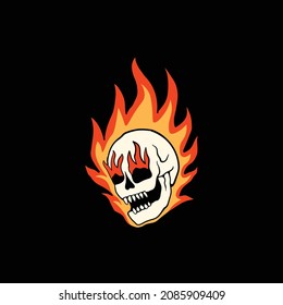 flaming skull on fire hand drawn vector illustration