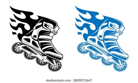 Flaming Skull Roller Skate Icons – Extreme Sports Vector Illustration