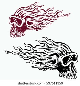 flaming skull with ski glass hand drawing bold