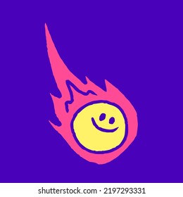 Flaming smile emoji doodle cartoon, illustration for t-shirt, sticker, or apparel merchandise. With modern pop and wall art style.