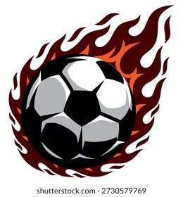 Flaming soccer ball in motion, dynamic and energetic sports graphic for competitive gaming and athletic events.