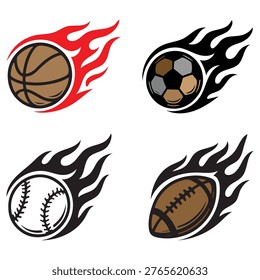 Flaming sports ball set vector basketball soccer baseball motion trail for sports design.