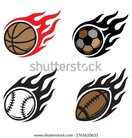 Flaming sports ball set vector basketball soccer baseball motion trail for sports design.
