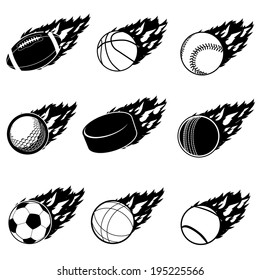 Flaming sports symbols icons. EPS 10 vector.