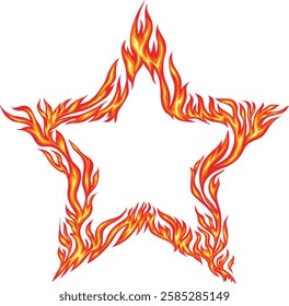 Flaming star-shaped frame with burning fire effect. Perfect for sports graphics, posters, logos, and branding. High-quality vector EPS file with transparent background for easy customization. 