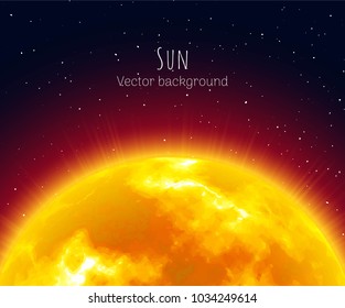 Flaming sunrise, close-up, night background, cartoon style. Huge shining star on half sky. Vector illustration of heavenly luminary