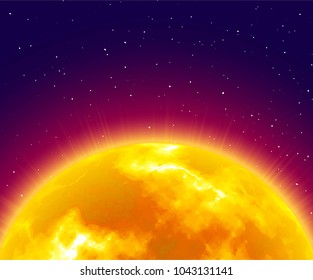 Flaming sunrise, close-up, night background, cartoon style. Huge shining star on half sky. Vector illustration of heavenly luminary
