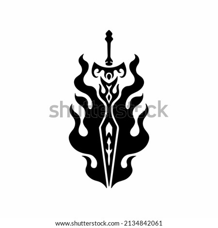 Flaming Sword Icon Logo Design. Black and White Decal Stencil Tattoo. Flat Vector Illustration on White Background.