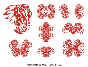 Flaming symbols created by the head of a parrot. Ornate stylized fancy parrot with an open wing in the form of fire, the symbolical patterns formed from him