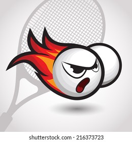 flaming tennis ball with angry face, cartoon vector illustration.