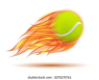 Flaming Tennis Ball. Tennis Ball Flying In Fire On White Background. Vector Illustration