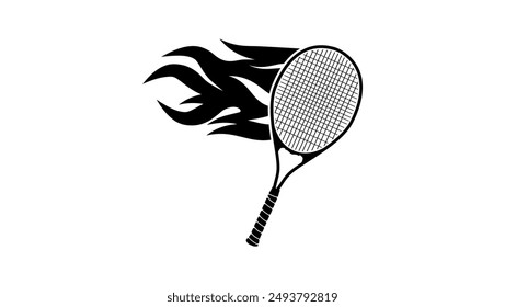 Flaming tennis racquet, black isolated silhouette