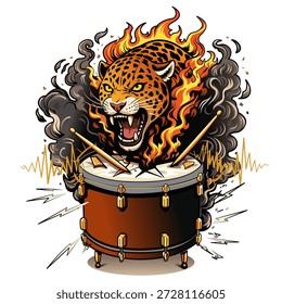Flaming Tiger Drum – Ilustração do poder do ritmo de fogo. Um tigre flamejante rugindo atrás de um tambor, representando fogo, ritmo e poder musical bruto.