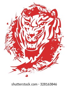 Flaming tiger roar. Tribal tiger head with blood drops splashes
