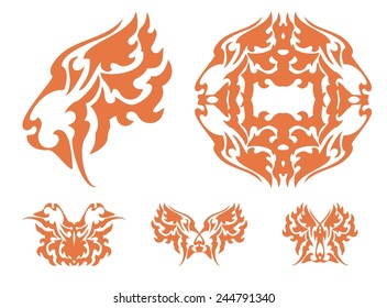 Flaming tiger symbols. Tribal haughty tiger head, circle and the butterflies formed by the tiger head. Orange on the white
