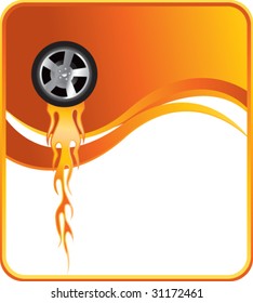 flaming tire on orange wave background